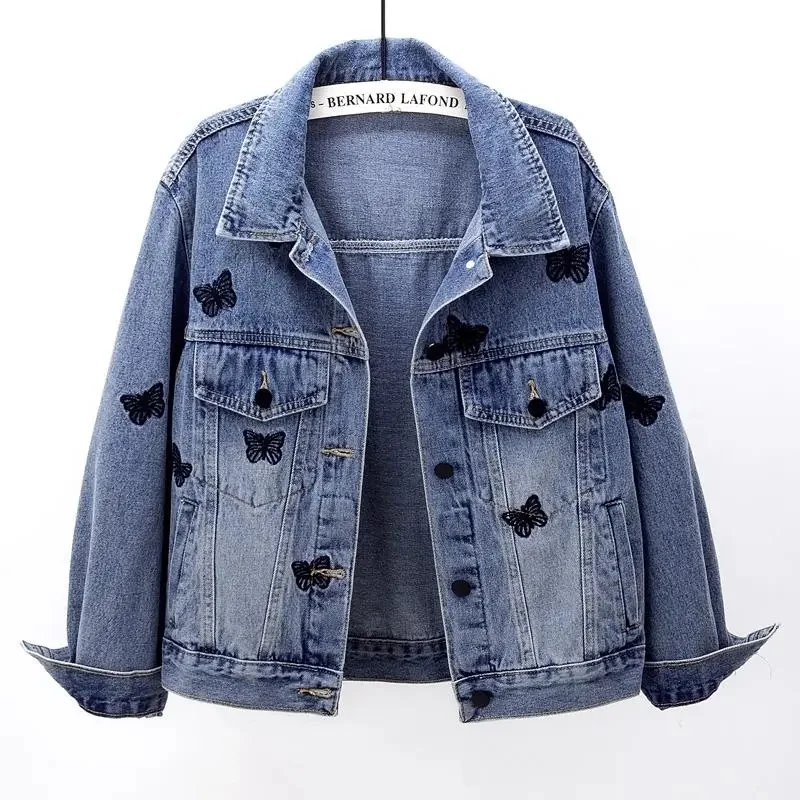 

Nice New Women Denim Jacket Coat Heavy Industry Embroidery Butterfly Jacket Vintage Female Casual Streetwear Jeans Coat Outwear