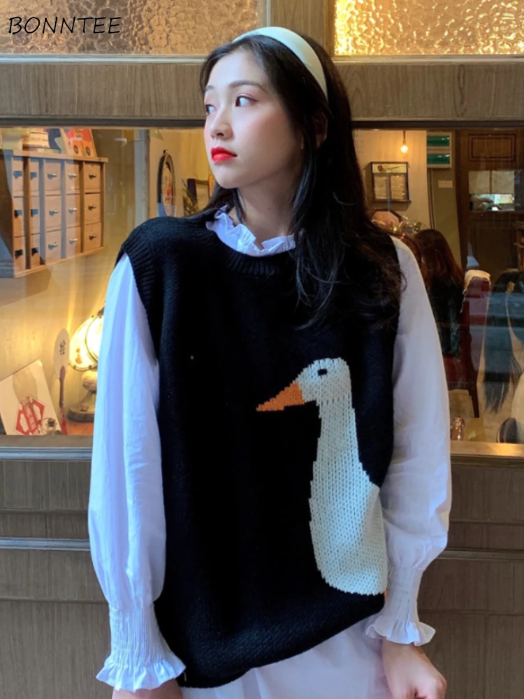 

Свитер-жилет для женщин с рисунком утки, нежный милый свитер для девочек в консервативном стиле, свободный уютный трикотаж без рукавов, осенне-зимняя мода Ulzzang