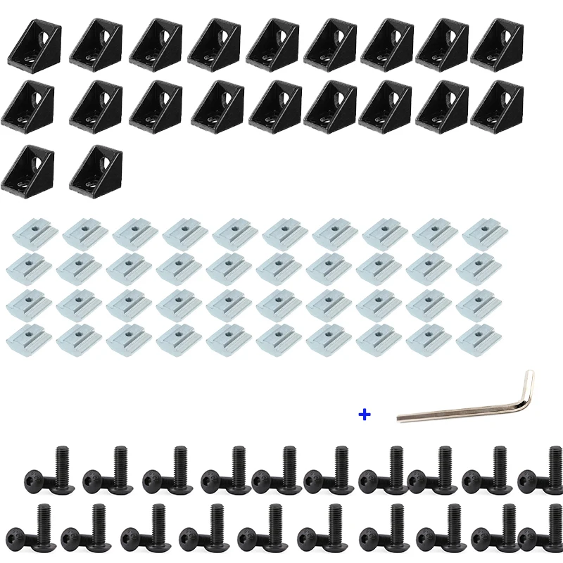 2020 Aluminum Profile Connector Set 20pcs Corner Bracket + 40pcs M5x8mm Hex Socket Cap + 40pcs 20 Series M5 T-slot Nuts