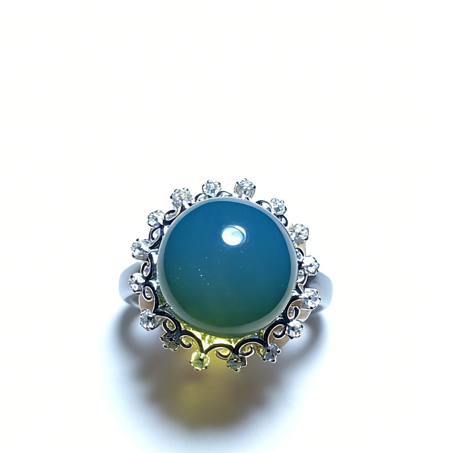 

Natural Mexican Blue Amber 14mm Round Bead Ring Sterling Silver Hollow Scroll Design with Diamond Accents VintageElegant Jewelry