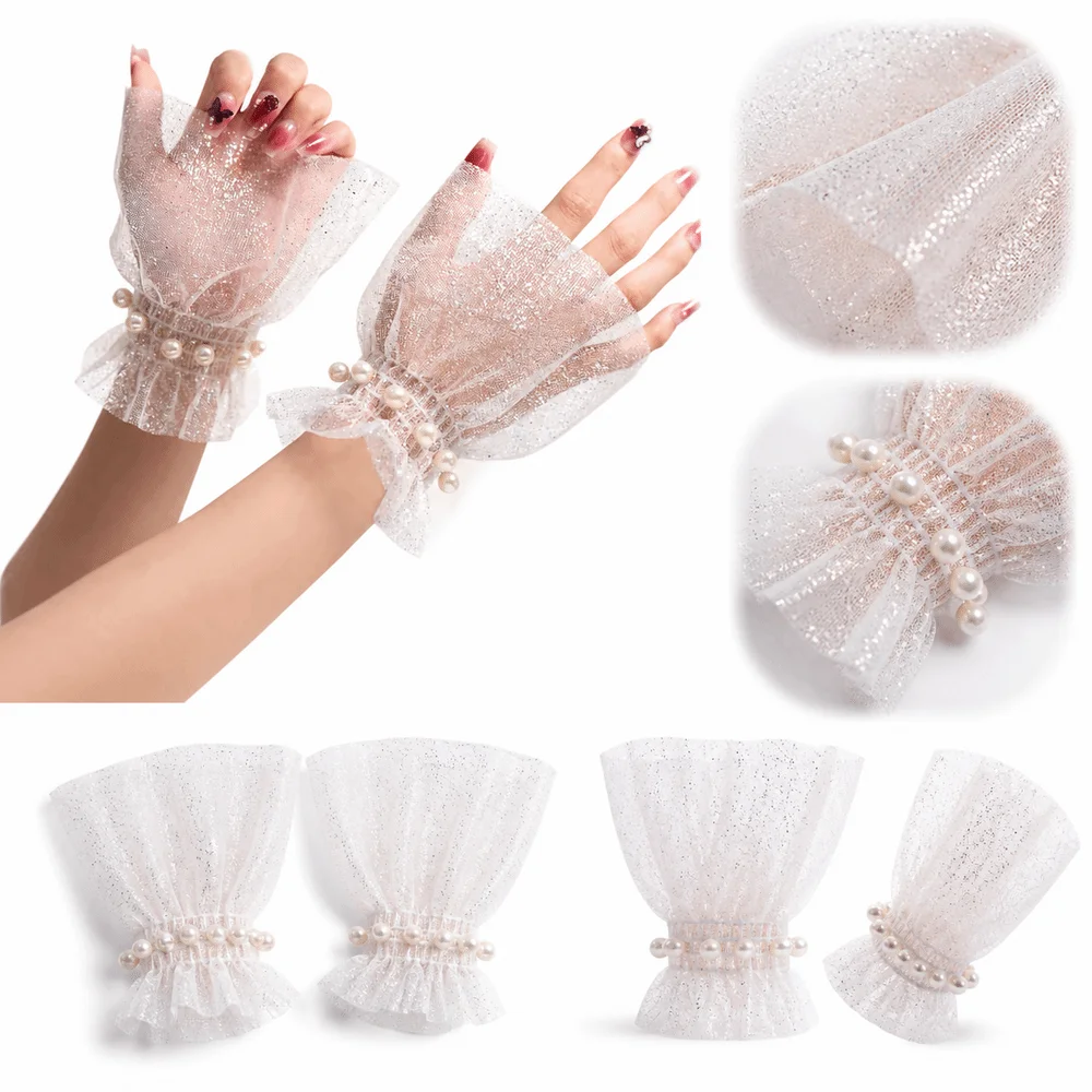 New Glitters Shining Fake Wrist Cuff Detachable Arm Wear Arm Sleeves Short Pearl Tulle False Sleeve Cuffs Manicure Photography