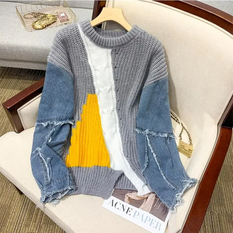 Dimanaf 2024 Winter T-Shirt Oversize Women Sweaters Denim O-Neck Patchwork Pullover Knitting Basic Blue Fashion Loose Sweater