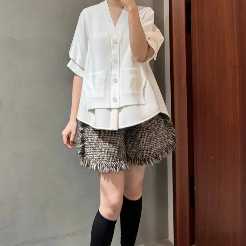 

SAC design sense loose denim stitching thin wide-leg shorts