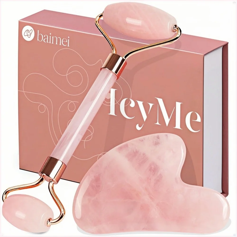 

BAIMEI IcyMe Jade Roller & Gua Sha, набор для ухода за собой для мужчин и женщин, массажер для лица, глаз, шеи, снимает мелкие морщины - розовый кварц