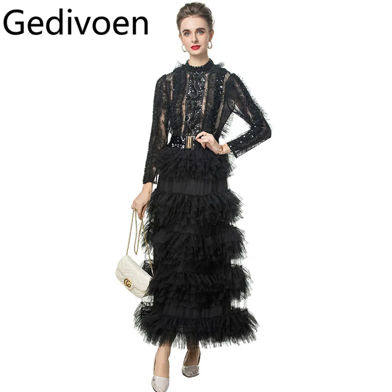 Gedivoen vestido feminino de malha com lantejoulas e miçangas, manga comprida, babados em camadas, nova moda, vestido de baile grande com cinto