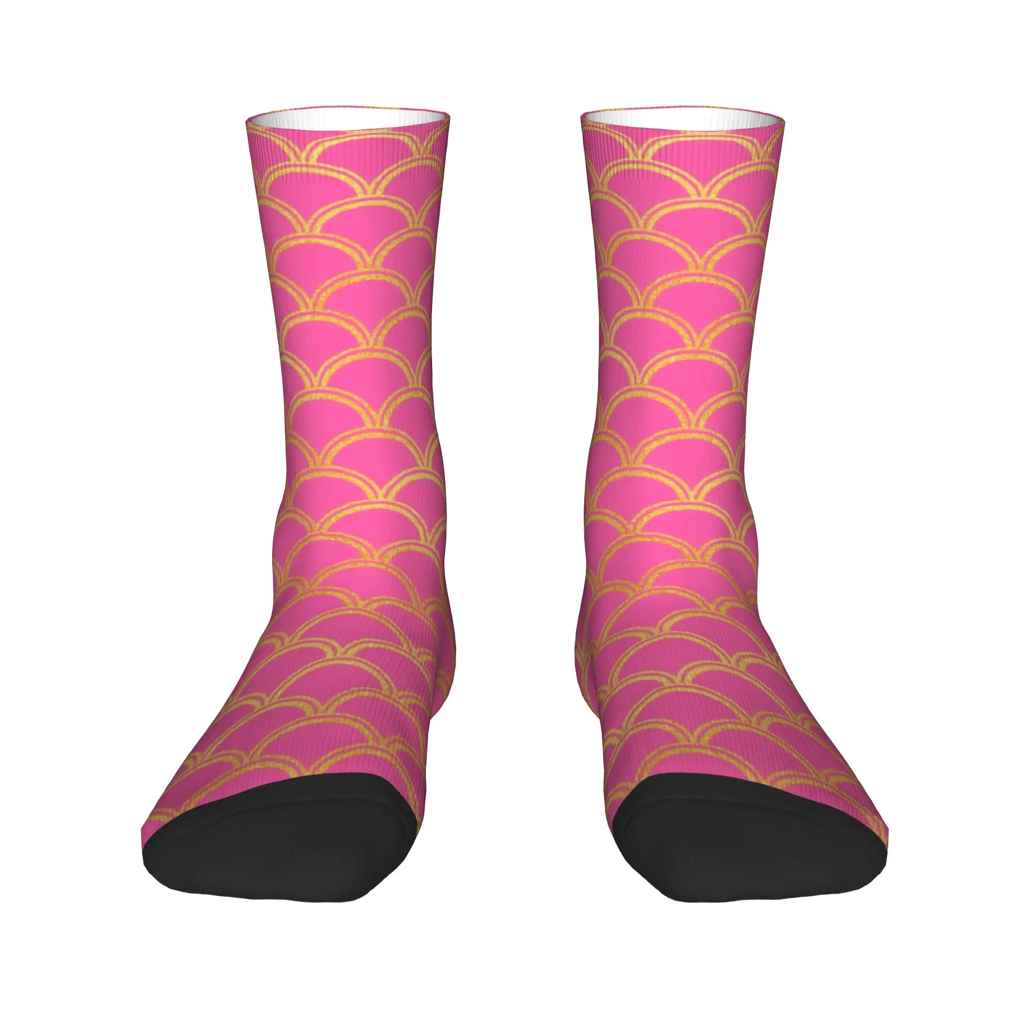 Kawaii Pink Gold Mermaid Scale Wave Pattern Socks Women Men Warm 3D Printing  Sports Basketball Crew Socks