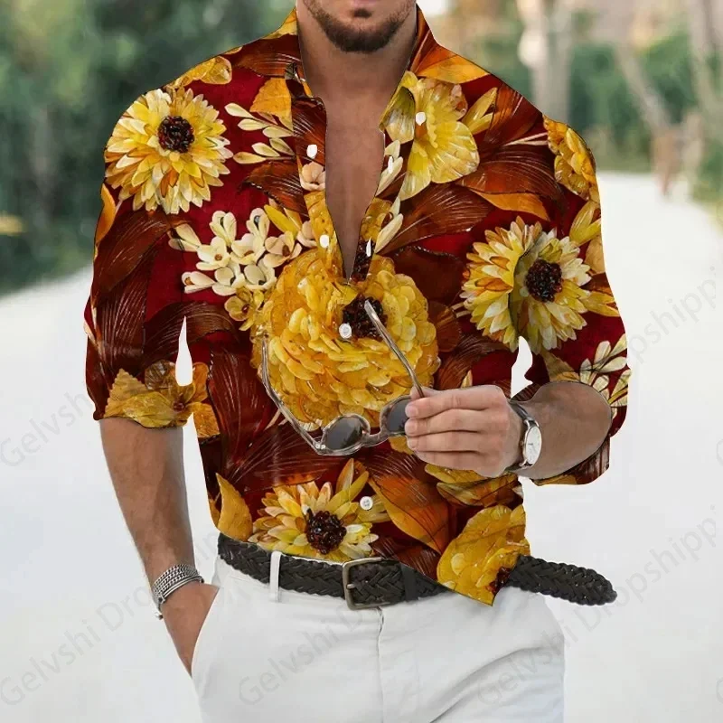 Men Long Sleeve Hawaiian Shirts Flower Daisy 3d Print Beach Tops Fashion Tee Lapel Blouses Single Breasted Men Clothing