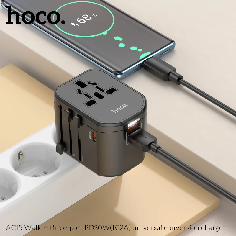 HOCO AC15 PD20W محول السفر العالمي شاحن يو اس بي تحويل ثلاثة منافذ المقابس نوع c الهاتف شحن سريع الولايات المتحدة الأمريكية الاتحاد الأوروبي المملكة المتحدة AUS المقابس