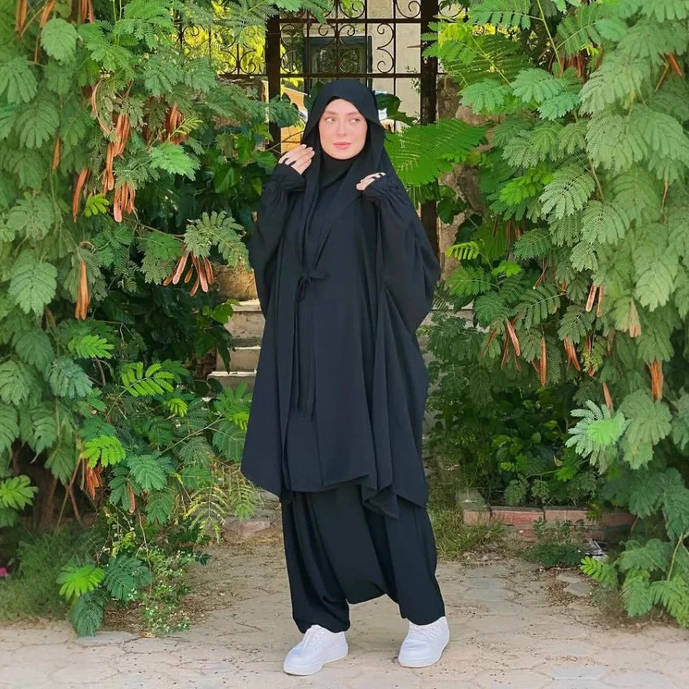 Ensemble de 2 pièces pour femmes musulmanes du Ramadan, pantalon Khimar, vêtements islamiques, Eid, à capuche, Abaya, Robe arabe, Robe Hijab, Jalabiya Djellaba