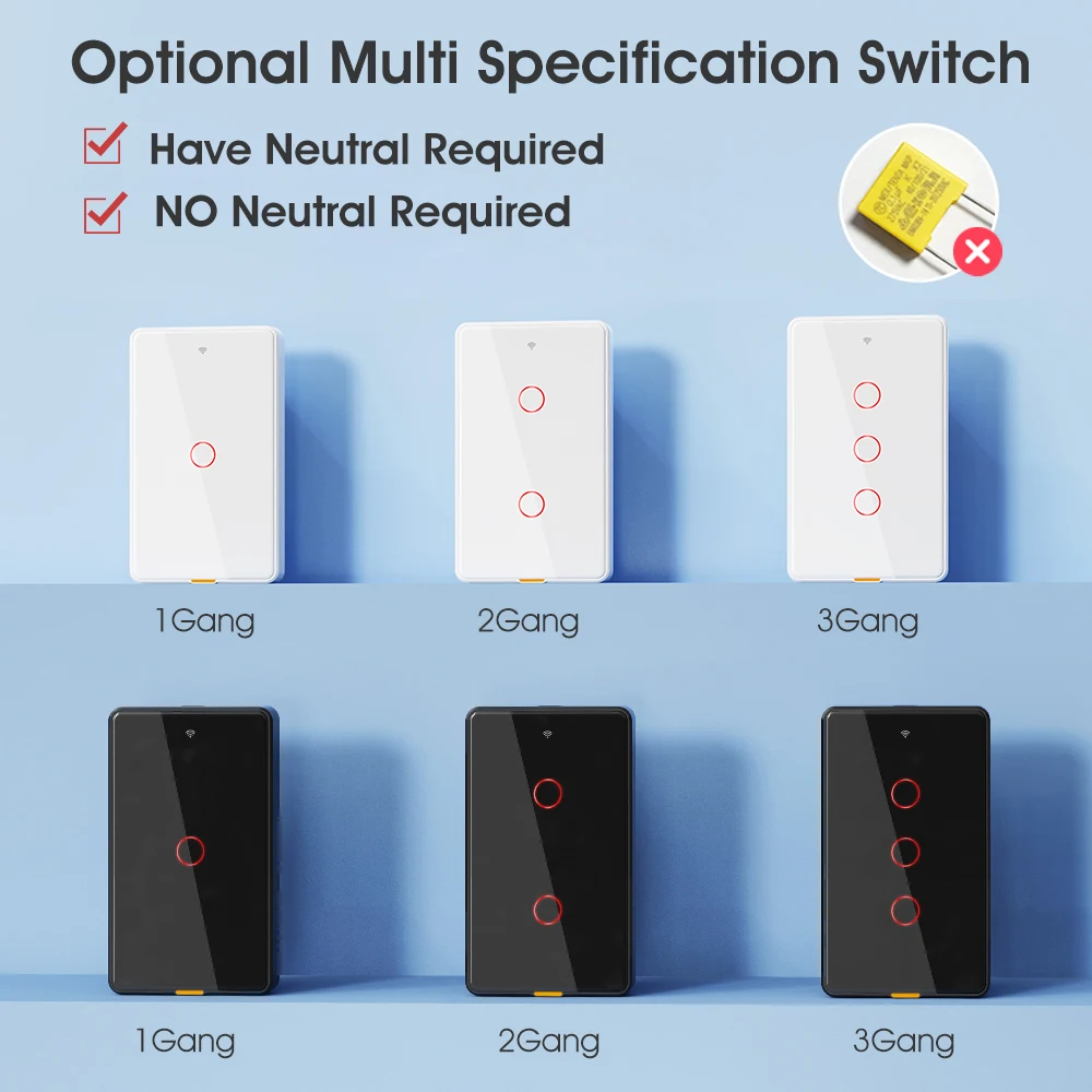 Tuya Zigbee Smart Touch Switch Light No Neutral Wire No Capacitor 1/2/3Gang US Brazil 110-240V Wall On Off For Alexa Google Home