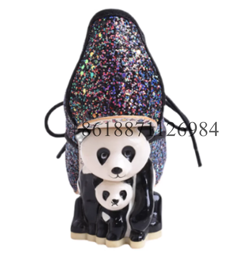 Bling Rhinestone Round Toe Women Pumps Shoes Strange With Panda High Heels 9.5CM Lace Up Design Marry Jane Shoes