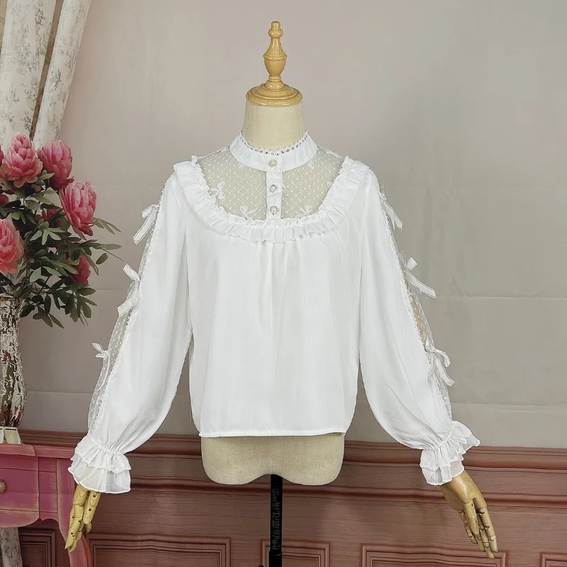 Imagem -02 - Sweet Lolita Estilo Blusas Femininas Borboleta Malha Botão Pérola Camisas de Manga Lanterna Feminina Elegante Princesa Chic Lace Chiffon Tops