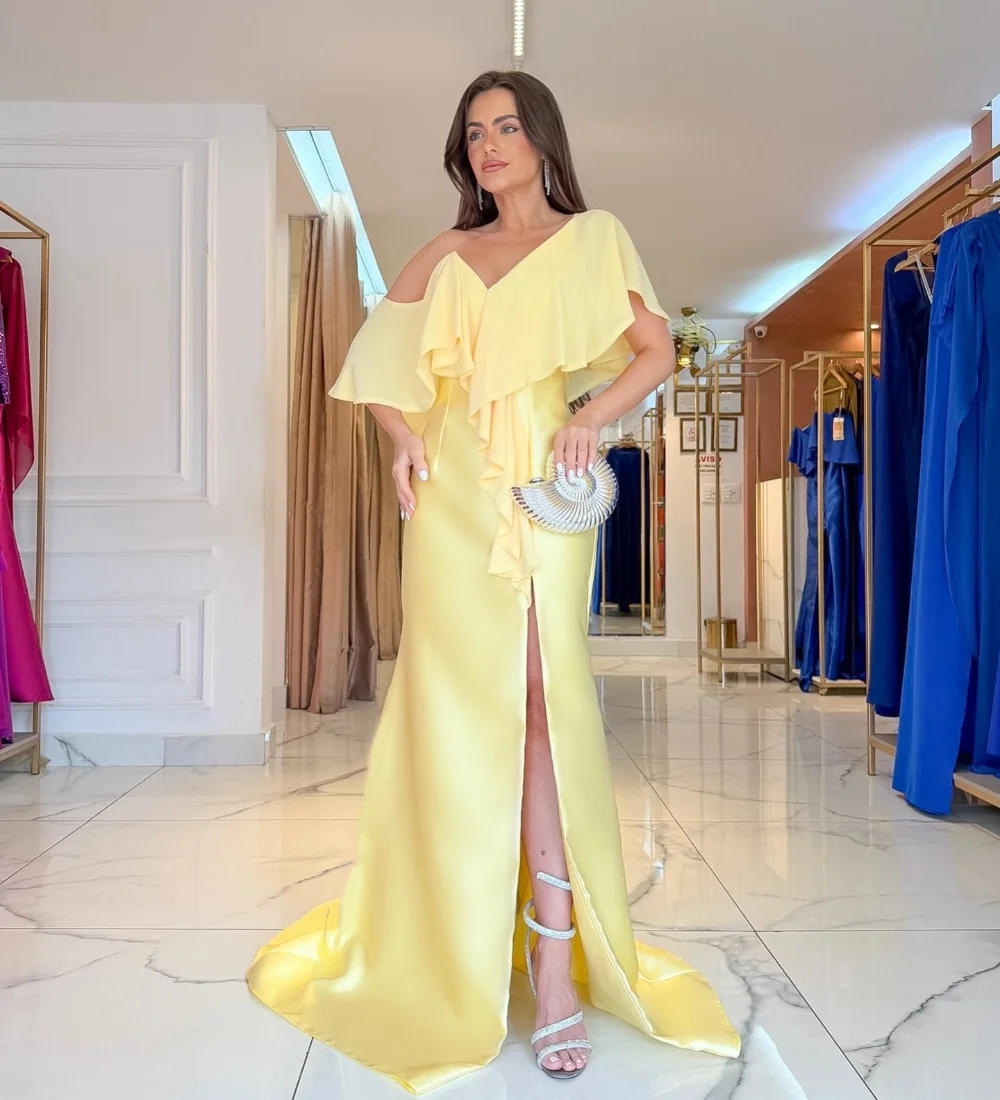 

Customized Simple Chinese Style Yellow Pleat Ruched Mermaid Off-the-shoulder Long Dresses Evening Dresses for Woman