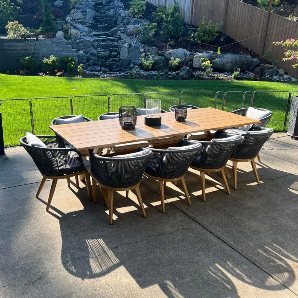 

11 Pieces Patio Dining Set Wicker Outdoor Furniture Rectangular Table and Chairs Set for Garden Deck Teak-Finish Aluminum Frame