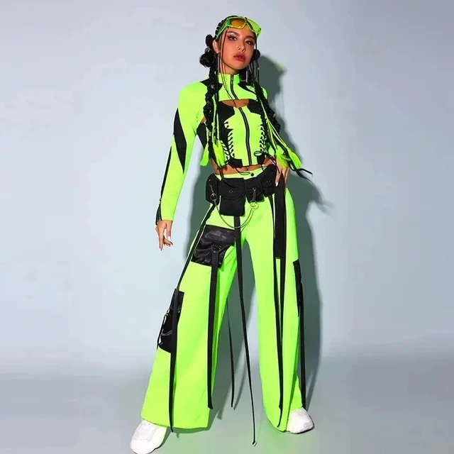 Neon Green Kpop Girl Group Outfits Hip Hop Clothes Top Pants Jazz Nightclub DJ Street Dance Rave Festival Clothing Women Show