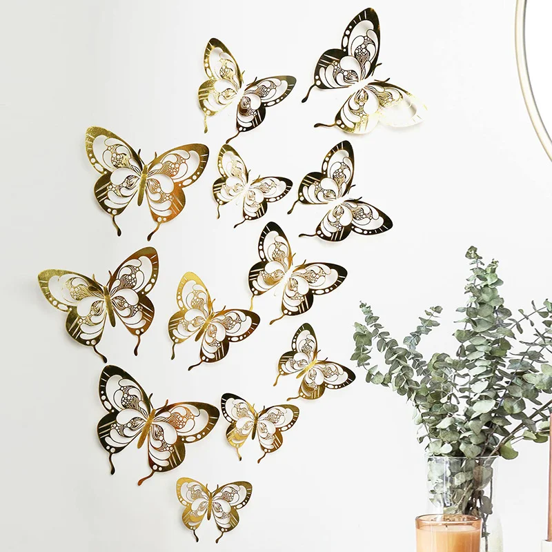 

12pcs/lot Metal Hollow 3D Butterfly Decorations Wall Stickers Removable DIY Party Festival Wedding Birthday Home Room Decor Gift