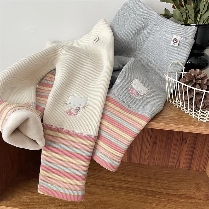 

Autumn Winter Hello Kitty Anime Kawaii Sanrio Ins Fashion Casual Pants Cute Colorful Stripe Fleece Leggings Thickened Pants Toys