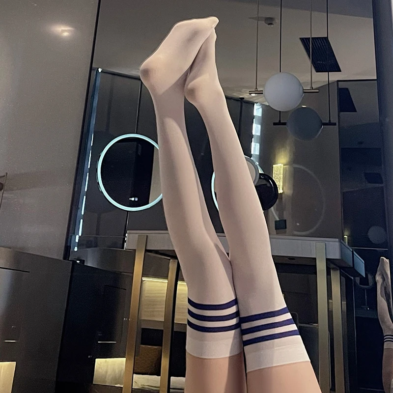 

College Girls Sexy Stockings Women Erotic Thigh High Socks Cute Stripes Knee Long Sheer Stocking For High School Lady Costume