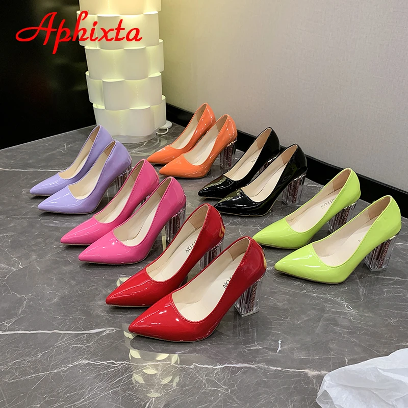 Aphixta 2024 nuovo strass di lusso 10cm trasparente Bling tacchi grossi pompe scarpe da donna décolleté a punta