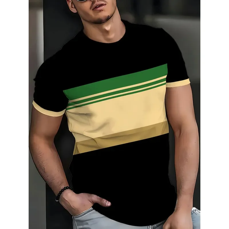 Men Black Green Yellow Color Block T‑Shirt Horizontal Stripe Print Crew Neck Short Sleeve Tops