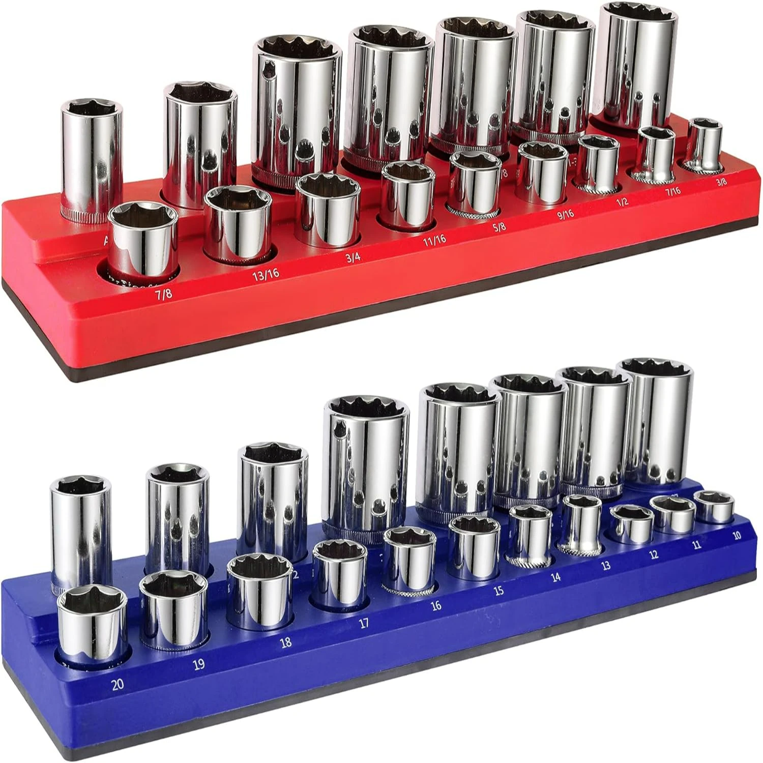 Heavy Duty Red&Blue 52-Slot Socket Organizer for Standard and Deep Metric SAE Sockets - Premium 2PC Socket Holder Kit with 1/4-i