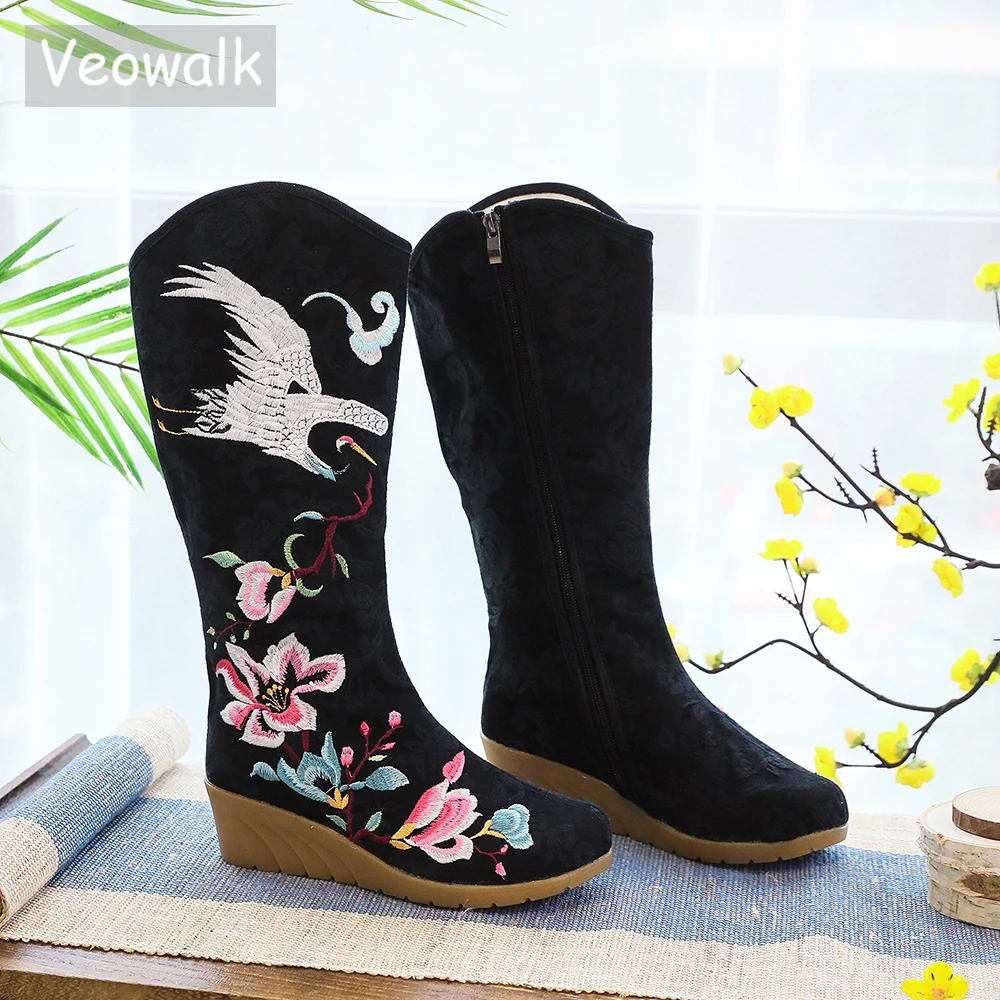 Veowalk Crane Embroidered Women Knee High Canvas Boots Mid Wedge Heel Ladies Comfort Loose Boots Embroidery Shoes Black