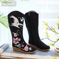 Veowalk Crane ricamate da donna stivali alti al ginocchio in tela tacco medio con zeppa stivali larghi comfort da donna scarpe ricamate nere