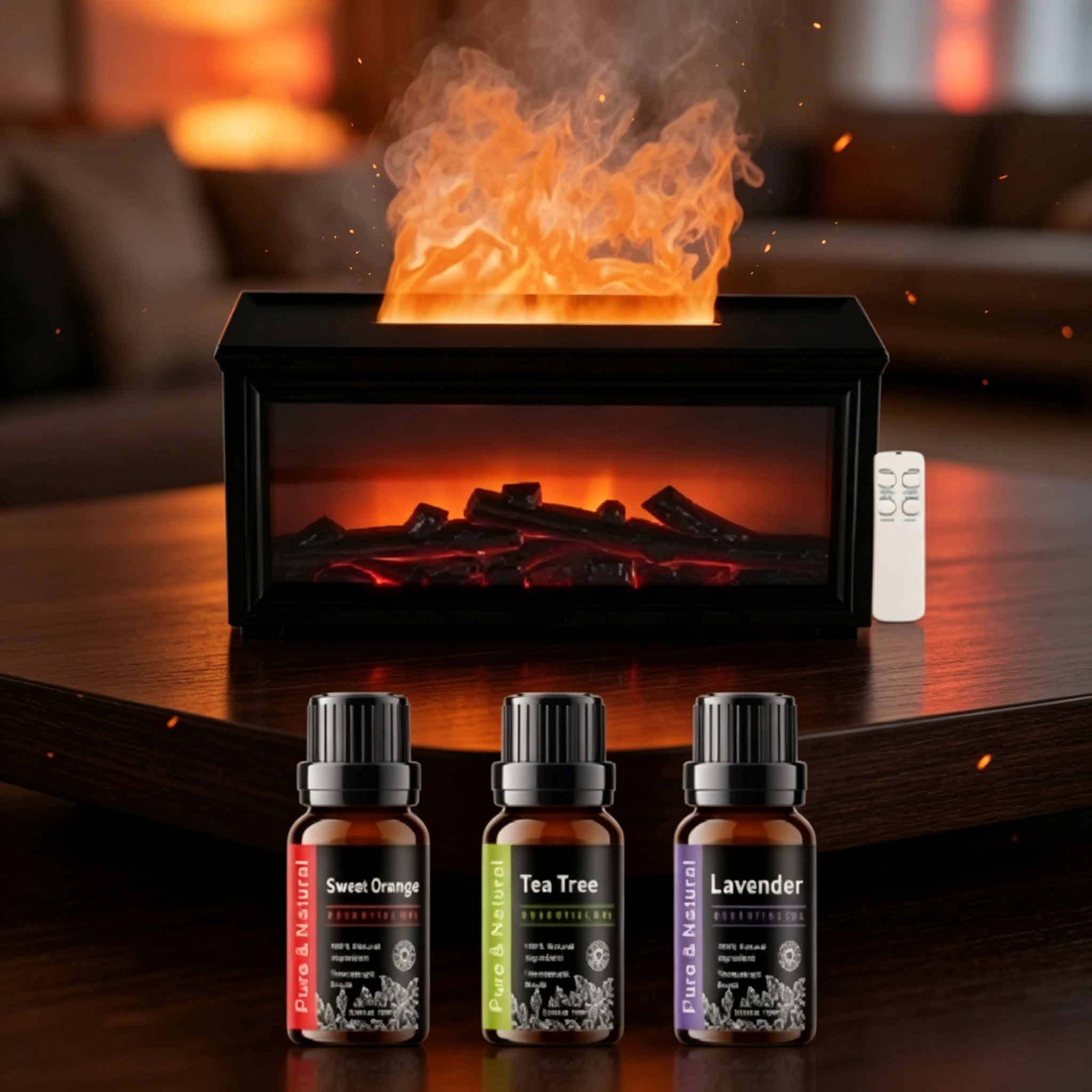 Realistic 3D Flame Aromatherapy Diffuser with Remote Control, LED Fire‑Effect Night Light, Ultrasonic Cool Mist Air Humidifier, Quiet Automatic Fragrance Diffuser for Essential Oils, Cozy Home Desktop Decor, Thoughtful Gift for Family & Friends