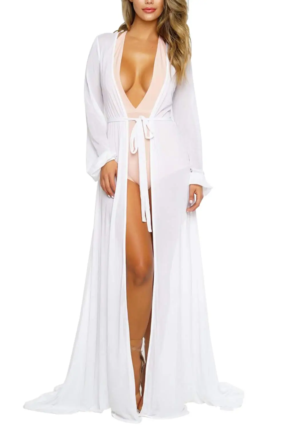 Frauen Chiffon Bikini Vertuschungen Langarm tief V-Ausschnitt durchsichtiges Maxi kleid sexy Schnür Sommer Beach wear