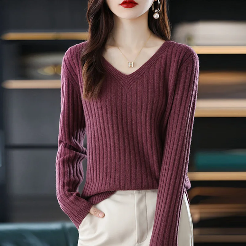New Solid Color V Neck Knitted Sweater Temperament Fashion Long Sleeve Woman Slimming Pullovers Comfortable Soft Warm Tops