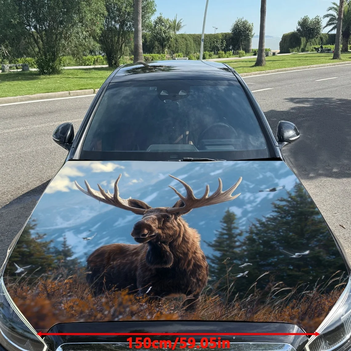 

Обёртка на капот автомобиля с идеальным лосем в горном пейзаже с летающими птицами, идеально подходит для любителей природы.Обертка на капот, автомобиль