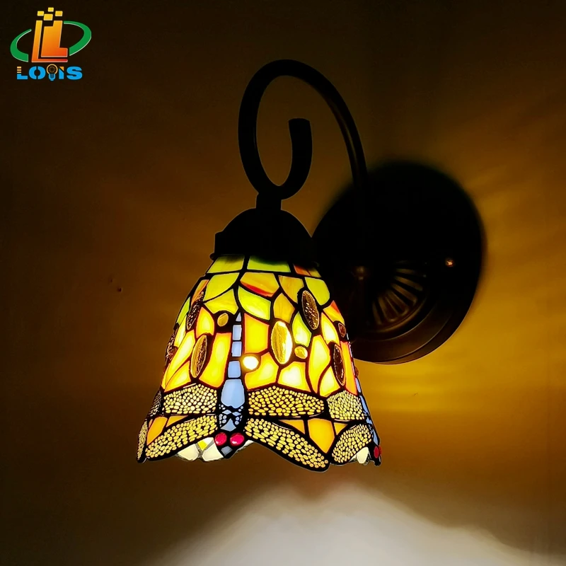 

6" European Dragonfly Small Wall Lamp Tiffany Style Bar Restaurant Club Lighting Retro Nostalgic Stained Glass Hand-welded
