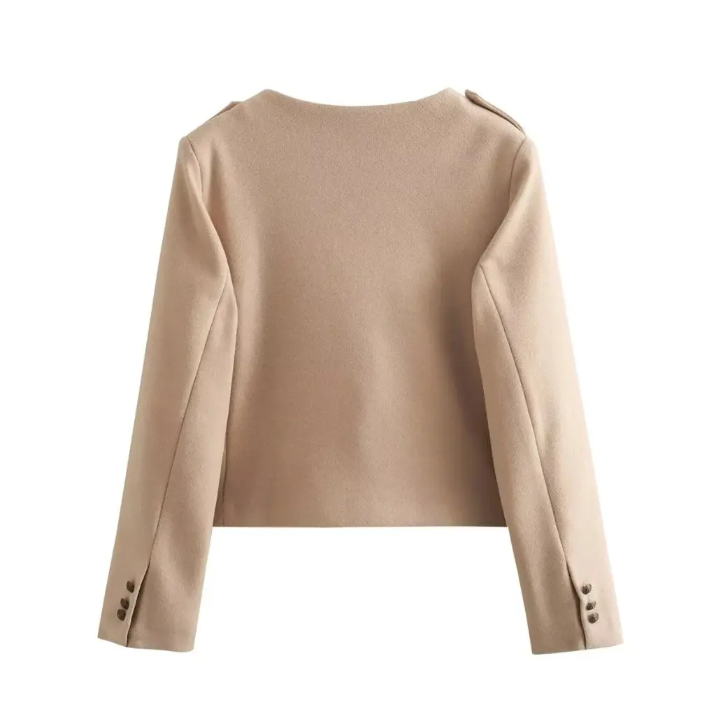 

Women's Single-breasted Jacket round Neck Pocket Decorative Soft Short Long-sleeved Spring Autumn New A19849