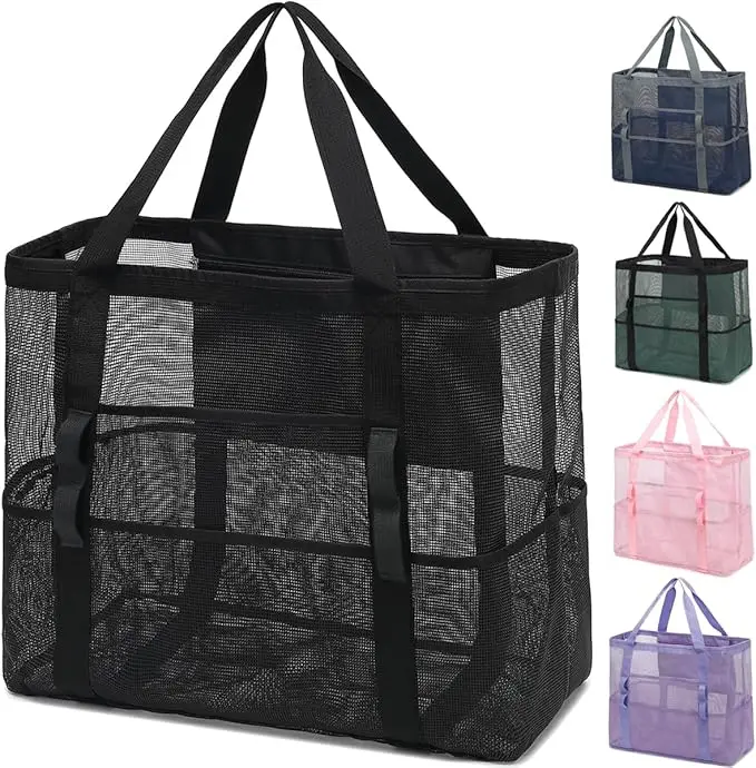 

New Arrival Hot Sell Mesh Beach Bag, Large Beach Tote with Zipper Pocket for Family Pool Bag for Toys & Vacation Essentials