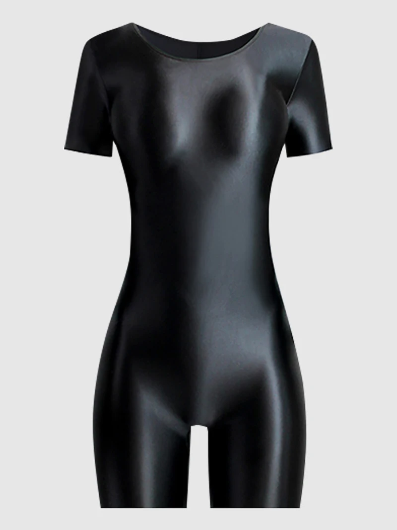 Celana Pendek Leotard Senam Wanita untuk Menari Balet Lengan Pendek Acrobatics Mengkilap Leotard Senam Elastis Jumpsuit Pakaian Tari