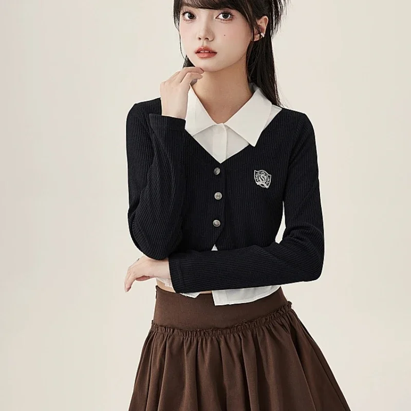 

Женская рубашка с длинным рукавом из 2 предметов, модная универсальная повседневная весенне-осенняя студенческая молодежная корейская мода с отложным воротником Mujer Y2k