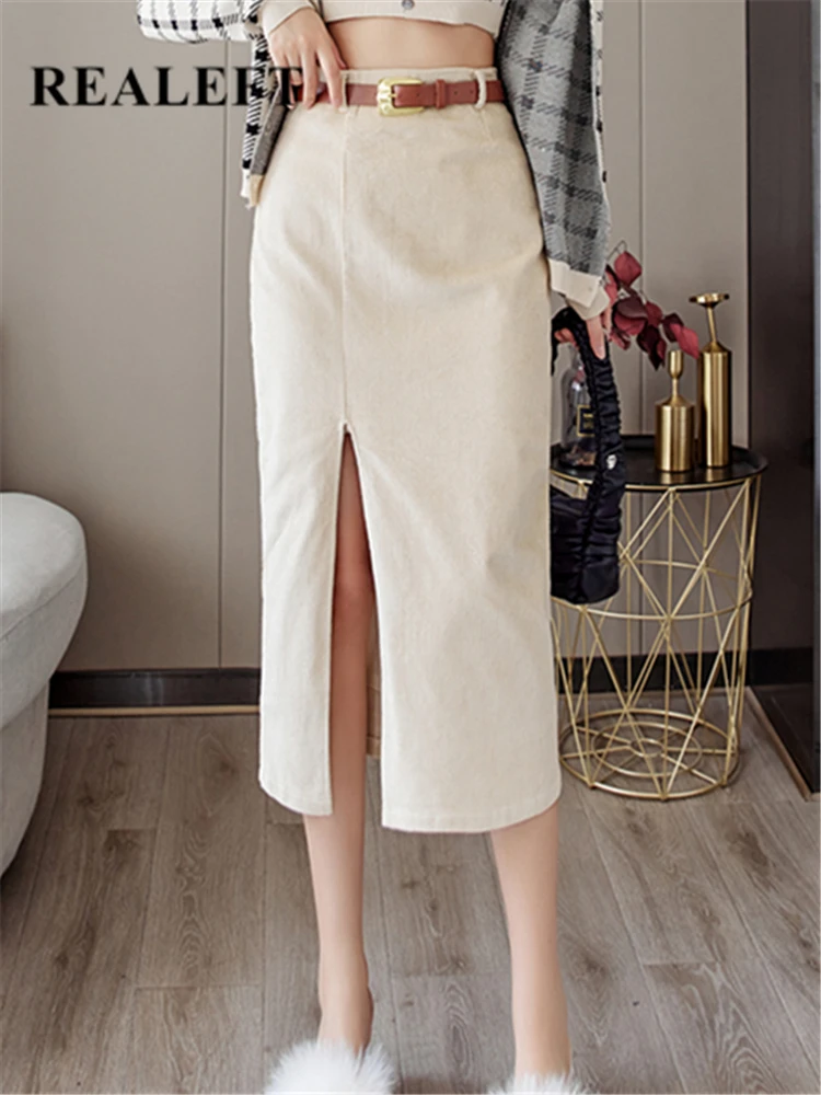 REALEFT Vintage Corduroy Pencil Skirts With Belt 2022 Winter Elegant Side Split Solid Color Midi Length High Waist Skirts Female