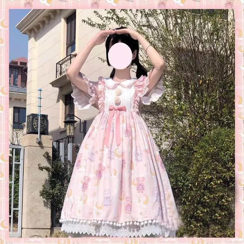 

Kawaii Lolita Dress Cute Cartoon Print High Waist Princess Dress Summer Sweet Kawaii Dress Harujuku Vintage Tea Party Dress