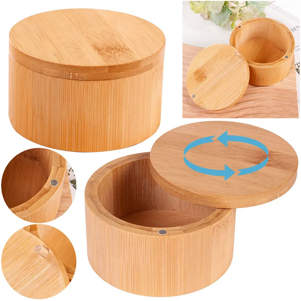 Bamboo Salt Cellar with Swivel Magnetic Closure Lid Salt Box Round Salt Container To Store Pepper Spice Bath Salt Sea Salt Herbs