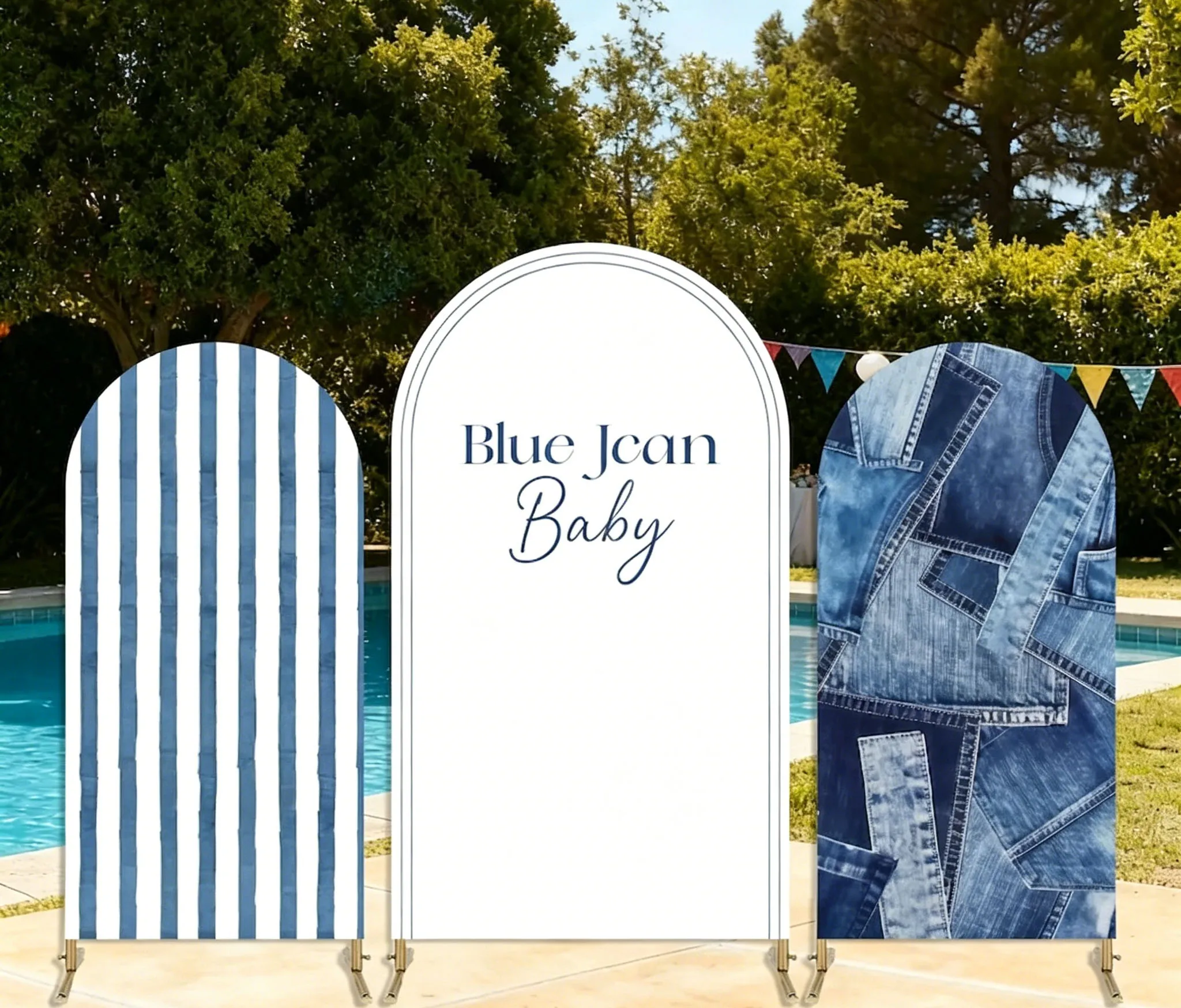 Housse d'arche personnalisée pour fête d'anniversaire bébé en jean bleu double face, décor de fête prénatale à rayures bleues et blanches, toile de fond photo