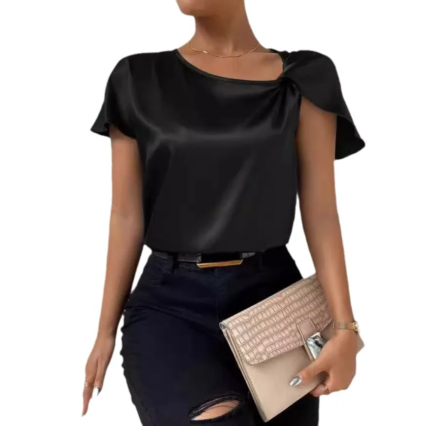 2024 Summer Neck Twist Detail Satin Blouse Casual Loose Solid Short Sleeve O-Neck Shirts Summer Office Lady Tops Chic Streetw