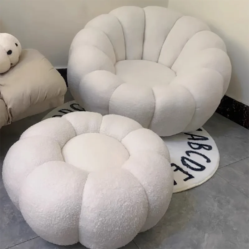  Living Room Armchair, Lazy Pumpki Sofa, Lamb Plush, Single Sofa, White, Pink and Gray, Light Luxury Bedroom Small Sofa