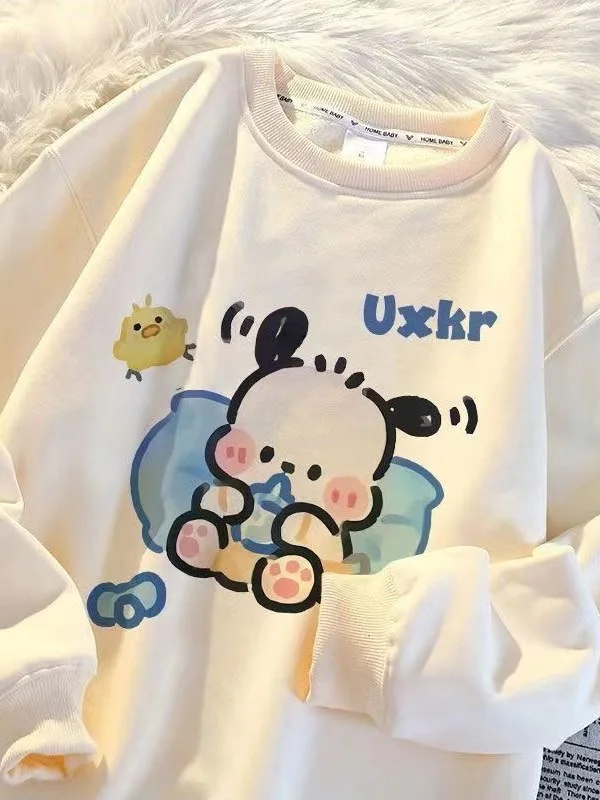 

Круглый свитшот с милым мультяшным принтом, женский весенне-осенний свободный дизайн, универсальный топ, корейский длинный свек, повседневная одежда