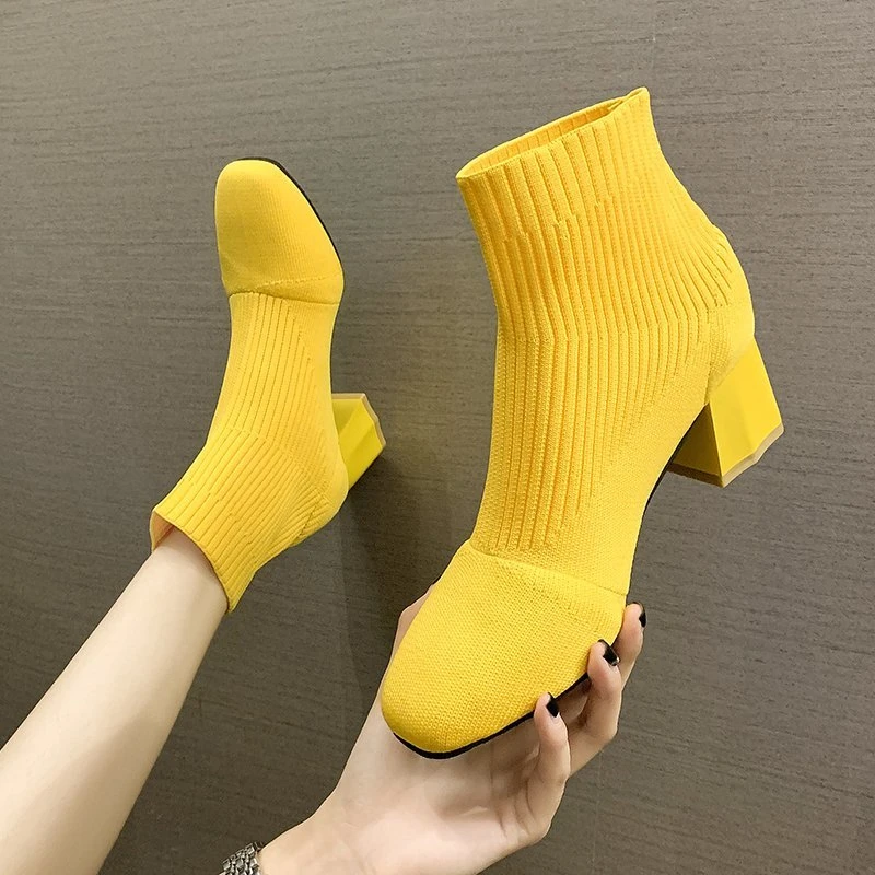 White Slim Boots 2026 New High Heel Ankle Boots Fashion Chunky Heel Knit Stretch Sock Boots