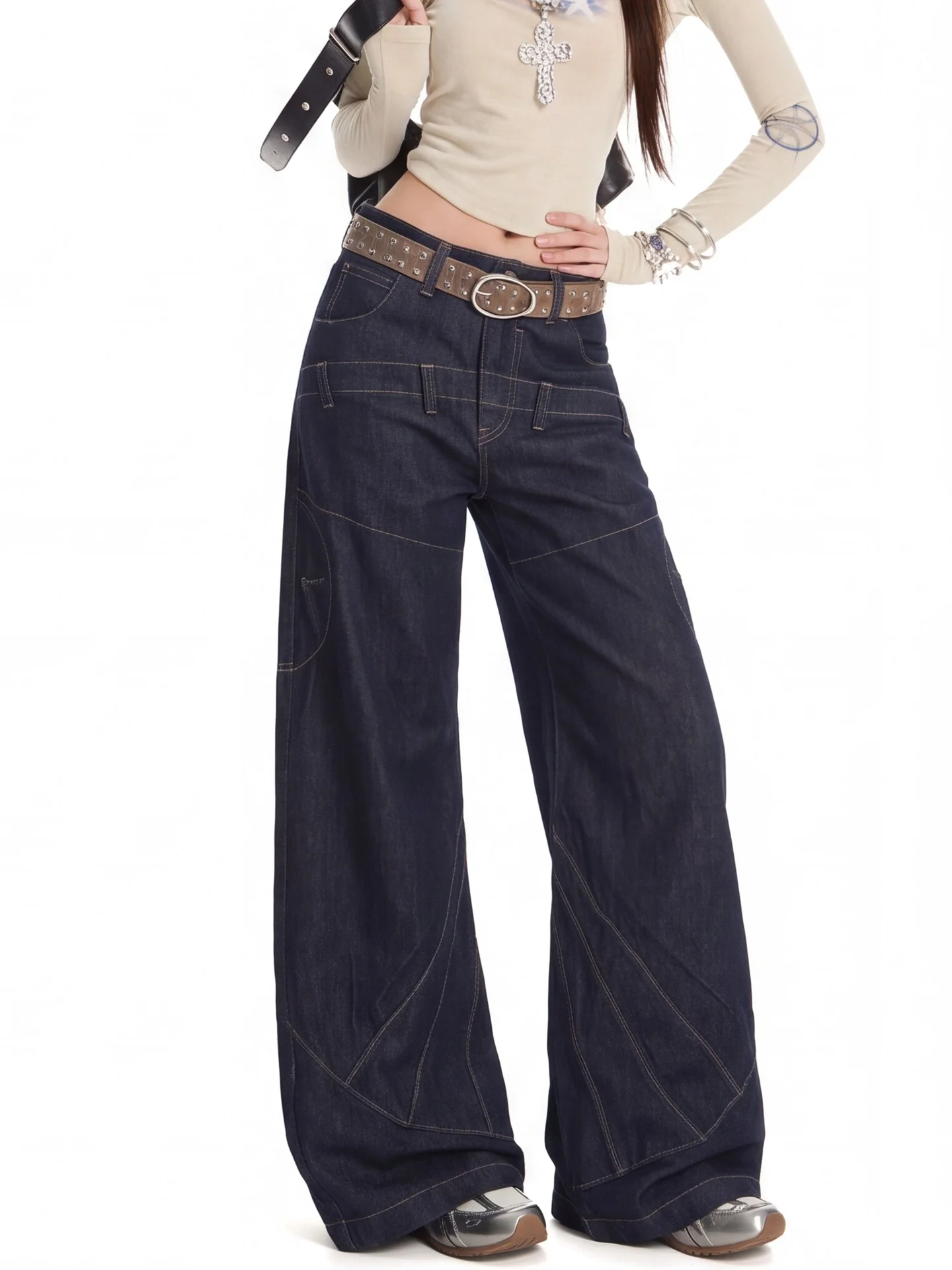 American Retro Low Waist Wide Leg Jeans Women's Autumn Washed Loose Straight Slimming Floor-Length Pants Casual Cotton Jeans