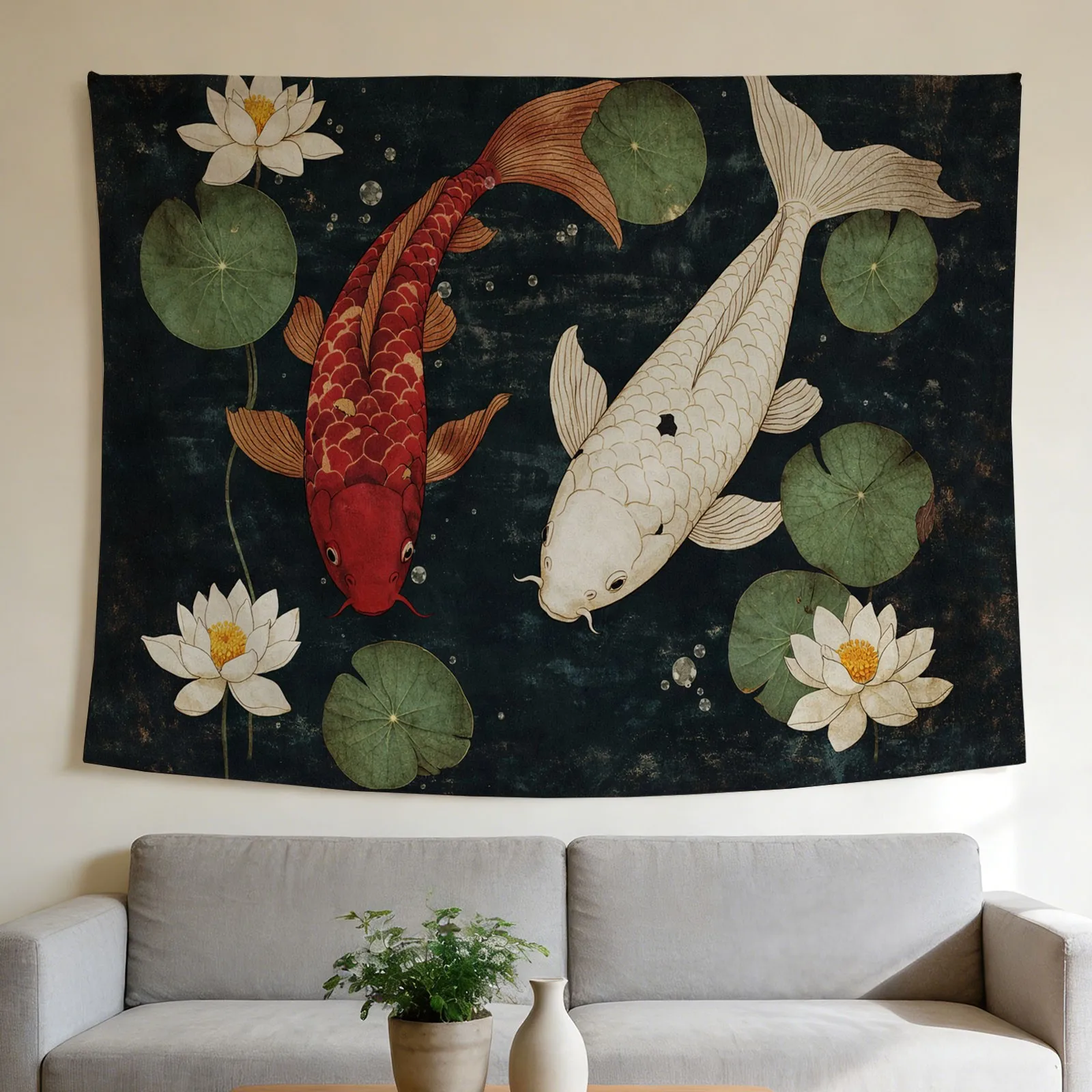 Luxury Koi Fish and Lotus Flower Tapestry Wall Art Asian Decor Hanging Polyester Print Zen Style Room Ornament Home Japandi Artw
