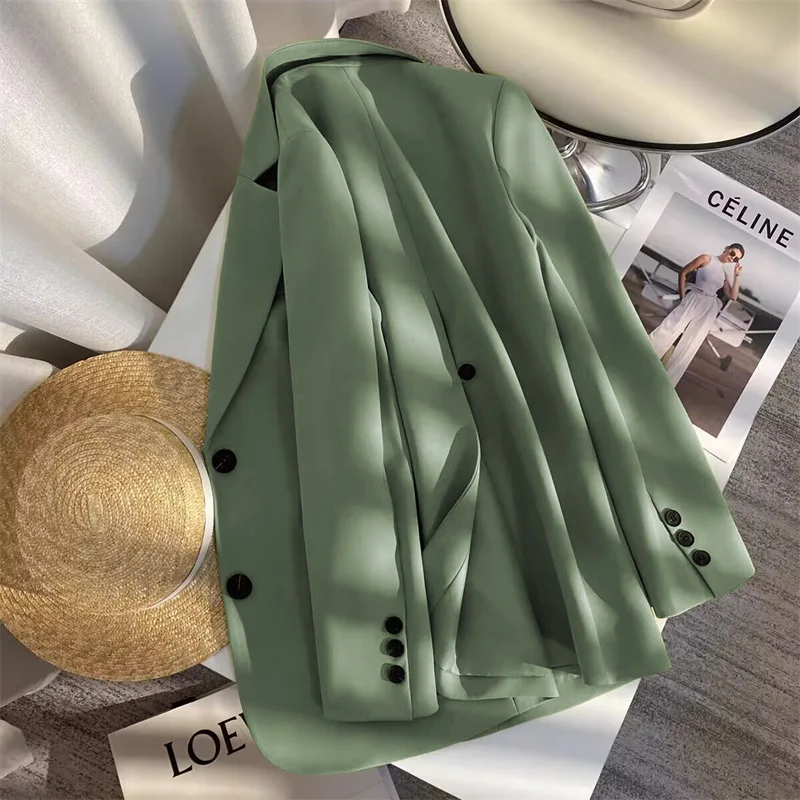 Spring 2026 Green Korean Style Women's Suit Jacket Casual Commute Versatile Long Sleeve Polyester Fiber Fashionable Design