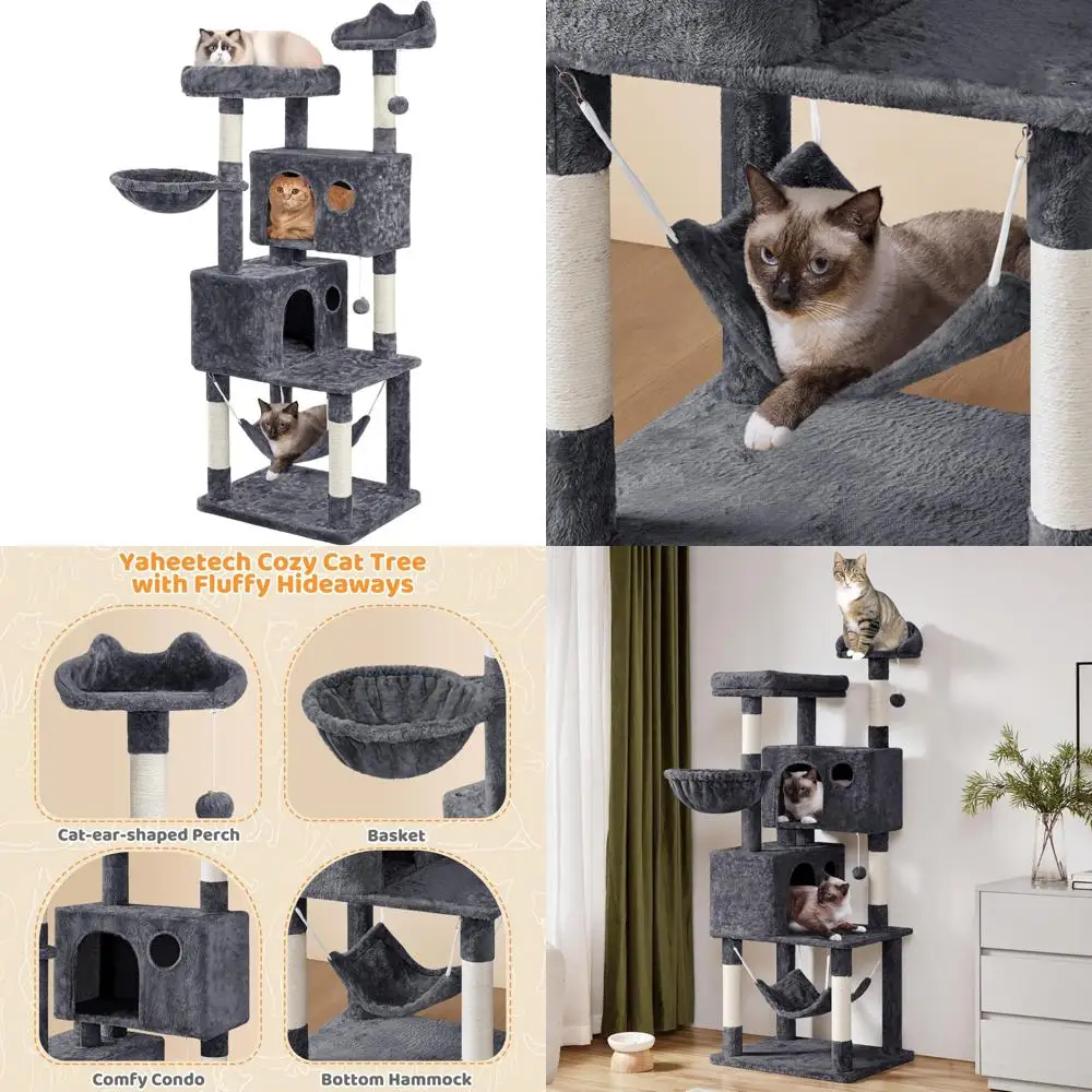 

Extra Large 64.5in Multi-Level Cat Tree Playhouse with Platforms, Perches, Hammock, and Scratching Posts for Kittens and Cats, D