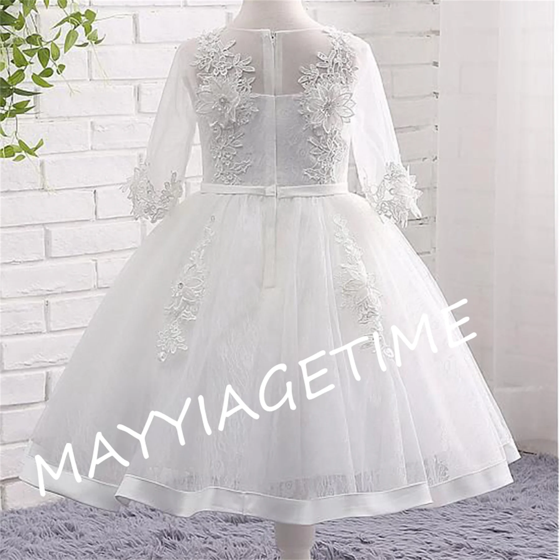 

White Applique Flower Girl Dress Beach A-Line Kids Princess Full Sleeve Ball Gown Tea Length Wedding Dance Tulle Prom Dresses