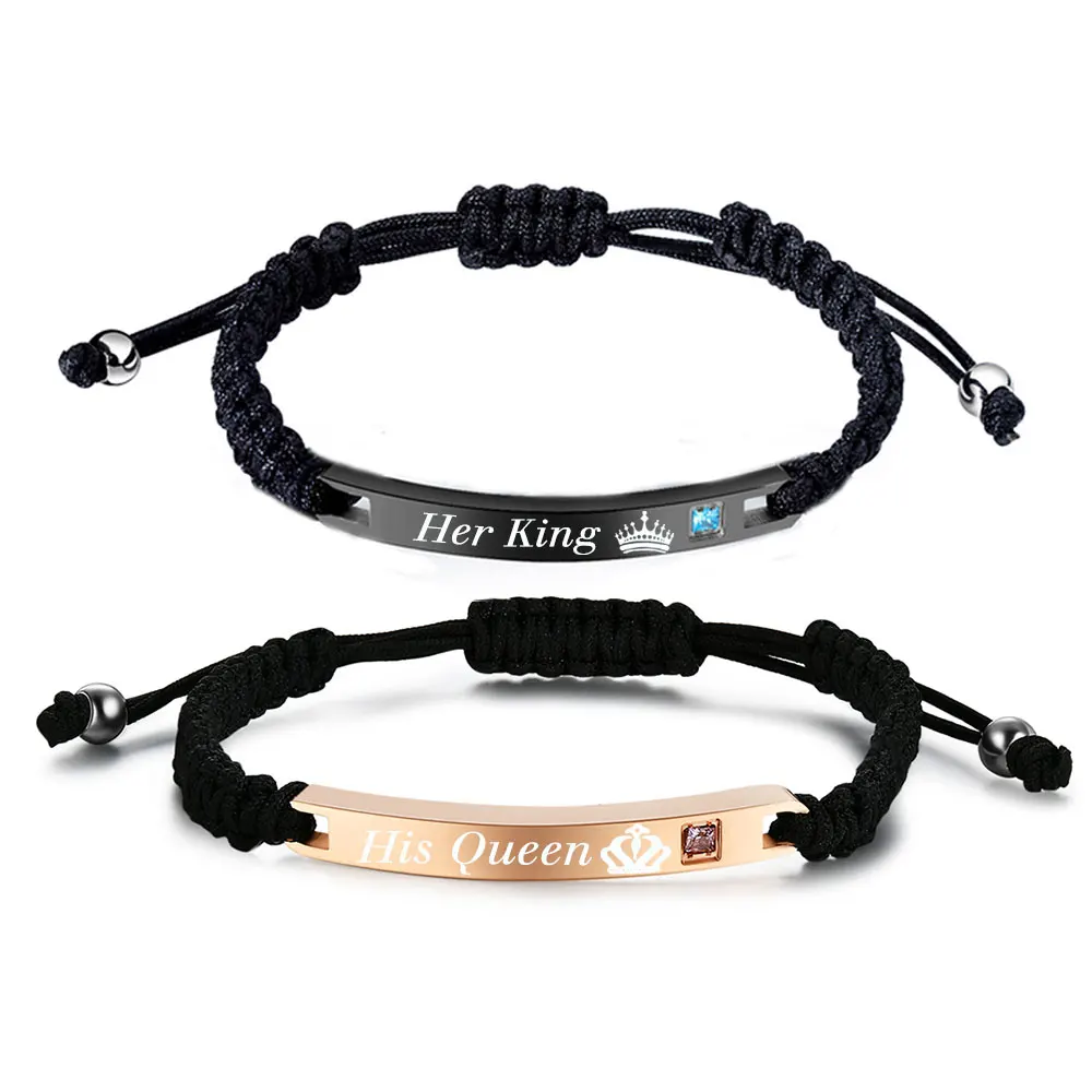 Bracelet de couple en nylon personnalisé pour hommes et femmes, ULréglable tressée, nom personnalisé, date, acier inoxydable, cadeaux pour les